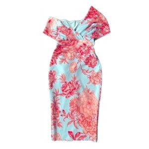 ASOS Off-the-Shoulder Folded Midi Floral Dress Size 2 Petite Blue Pink